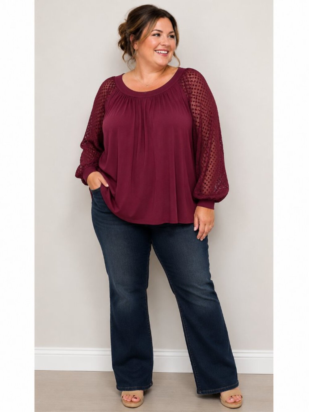 NWT Zac & Rachel Woman 3X Burgundy Swiss Dot Sheer Sleeve Blouse Plus Size